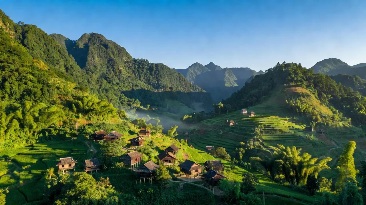 Quang Phong, huyện Na Rì, Bắc Kạn, vùng núi xanh tươi với nhà truyền thống và bầu trời trong xanh.