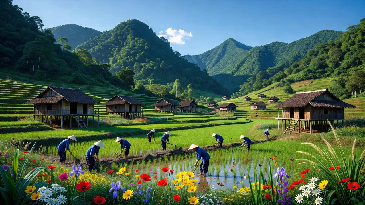 Cảnh quan thiên nhiên Xã Sơn Thành, Huyện Na Rì, Tỉnh Bắc Kạn với núi non xanh tươi và nhà truyền thống.