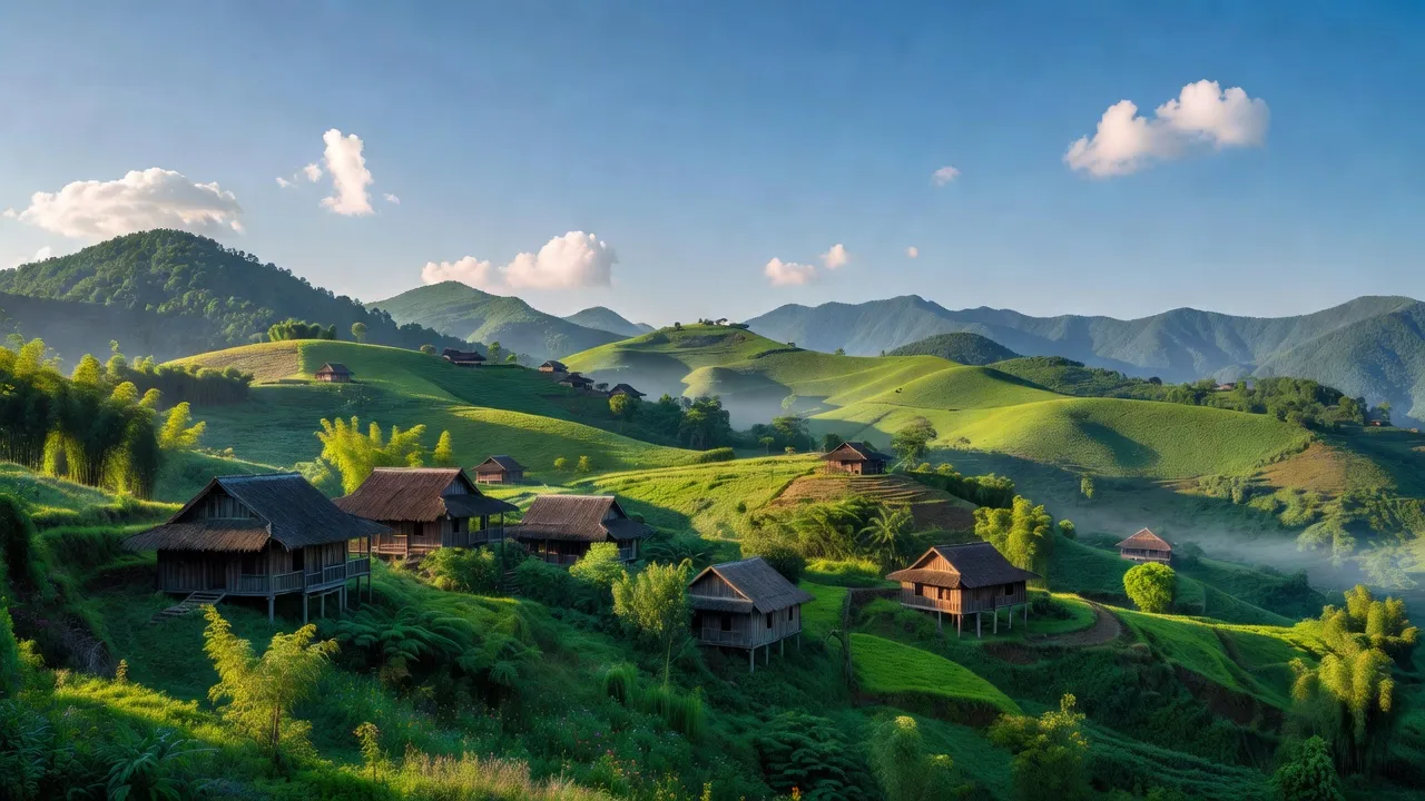 Khung cảnh bình yên xã Sơn Thành, huyện Na Rì, tỉnh Bắc Kạn với đồi núi xanh tươi.
