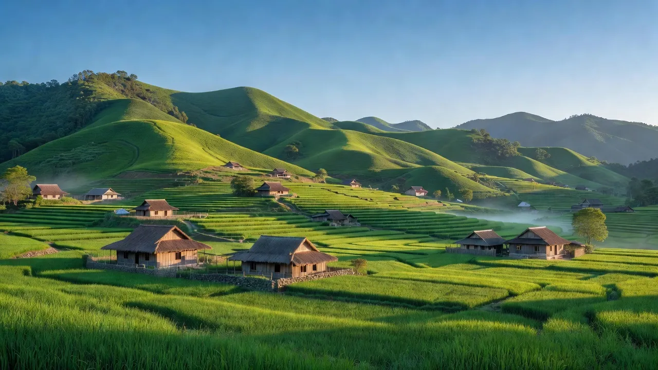 Phong cảnh xã Trần Phú, huyện Na Rì, tỉnh Bắc Kạn với đồi núi và nhà truyền thống.