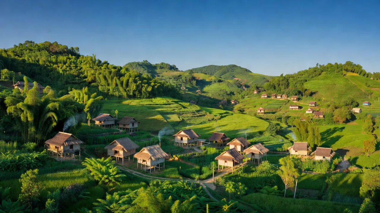 Cảnh đẹp xã Văn Lang, huyện Na Rì, tỉnh Bắc Kạn, với hills và nhà truyền thống.