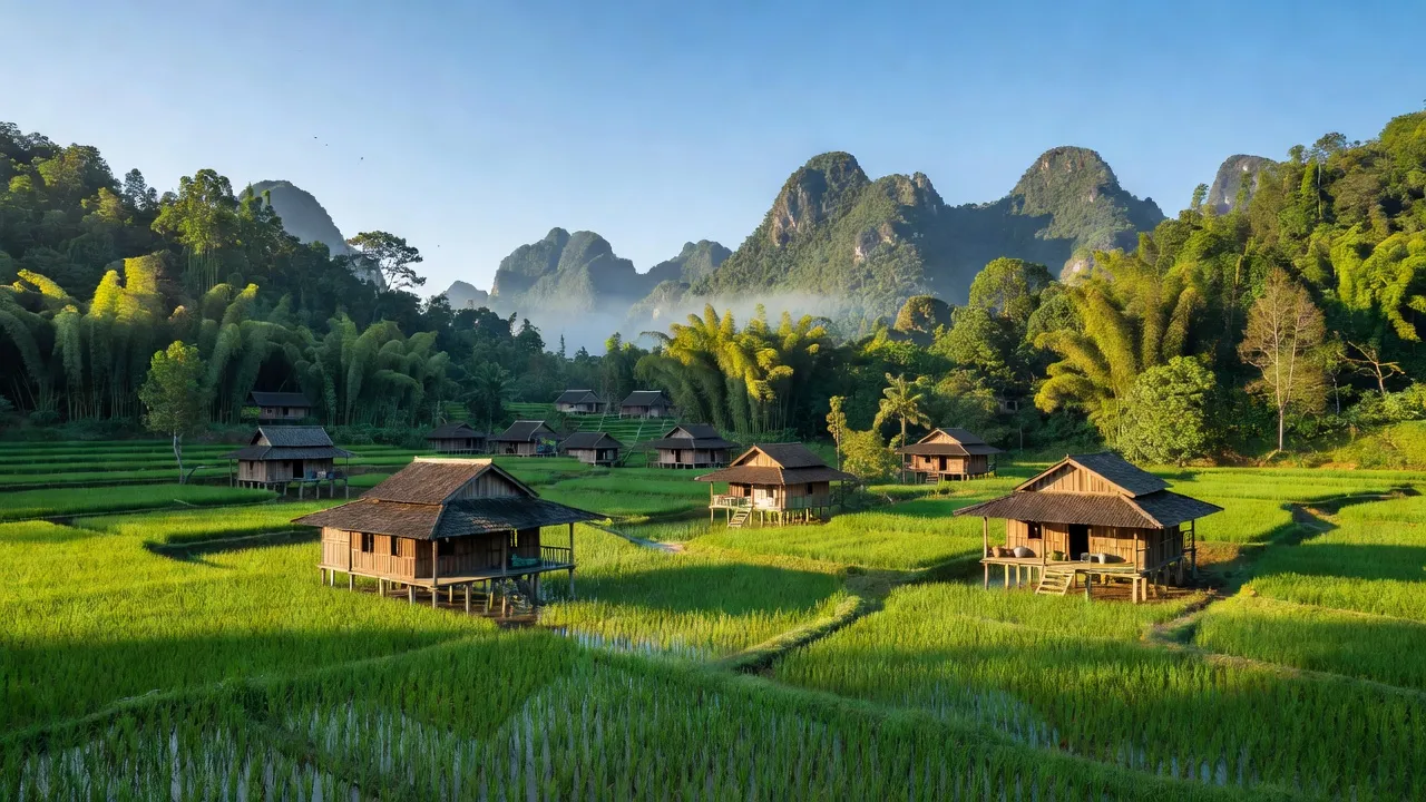 Khung cảnh bình yên tại xã Văn Minh, huyện Na Rì, tỉnh Bắc Kạn với cánh đồng xanh và nhà truyền thống.