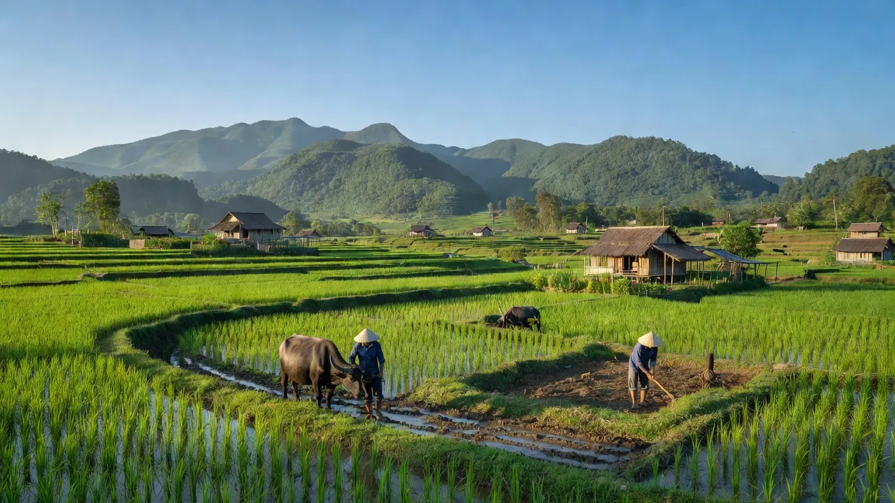 Khung cảnh nông thôn xã Văn Minh, huyện Na Rì, tỉnh Bắc Kạn với đồng xanh và núi non.