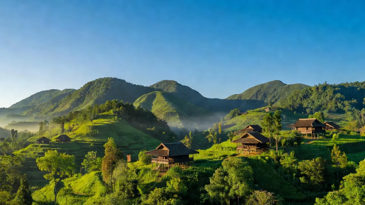 Cảnh quan xã Văn Vũ, huyện Na Rì, tỉnh Bắc Kạn với núi xanh và bầu trời trong sáng.
