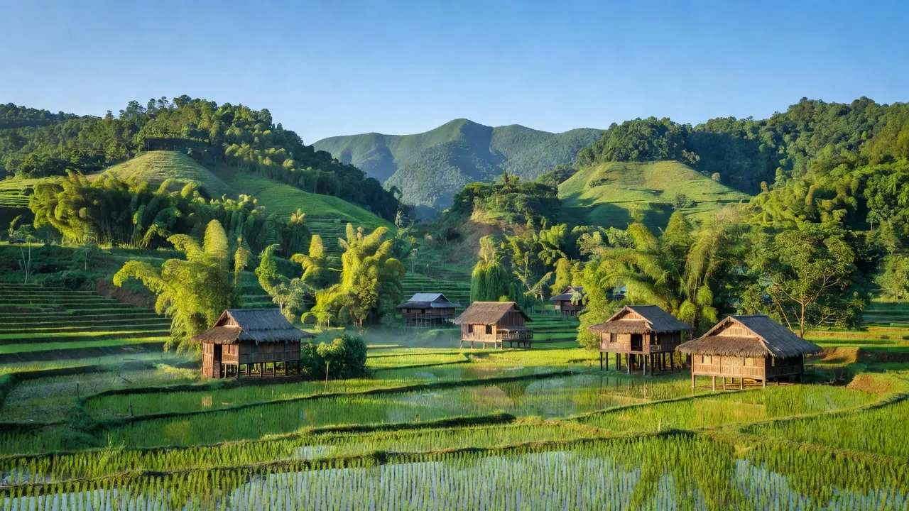 Khung cảnh Bằng Vân, Ngân Sơn, Bắc Kạn, với núi non xanh mát và ruộng bậc thang.