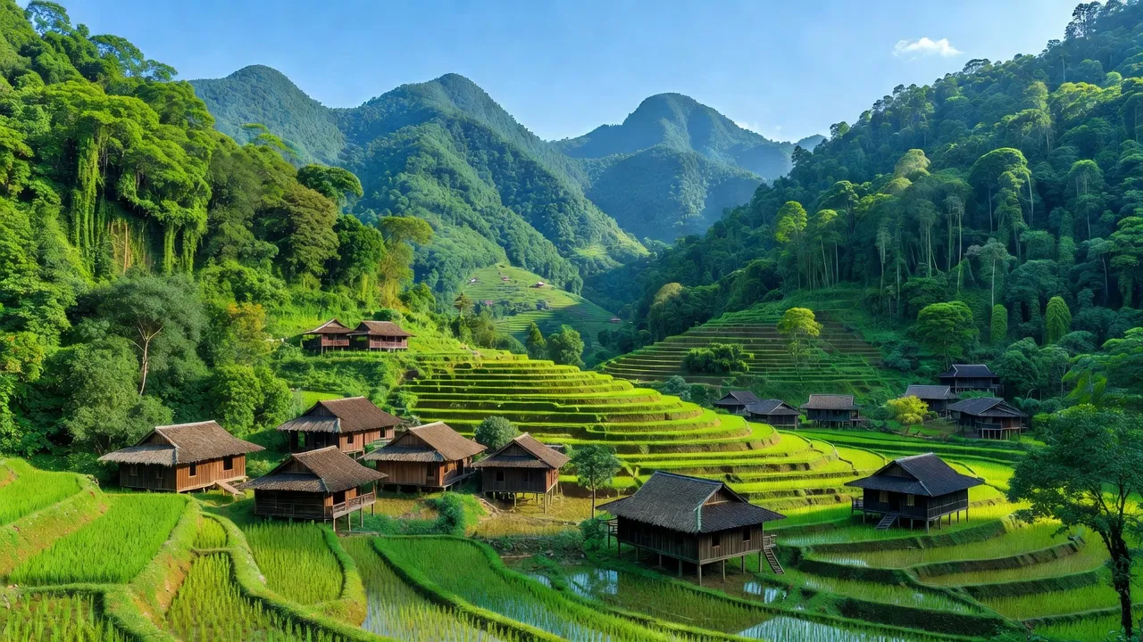 Cảnh núi non và ruộng bậc thang xã Cốc Đán, huyện Ngân Sơn, tỉnh Bắc Kạn vào mùa hè.