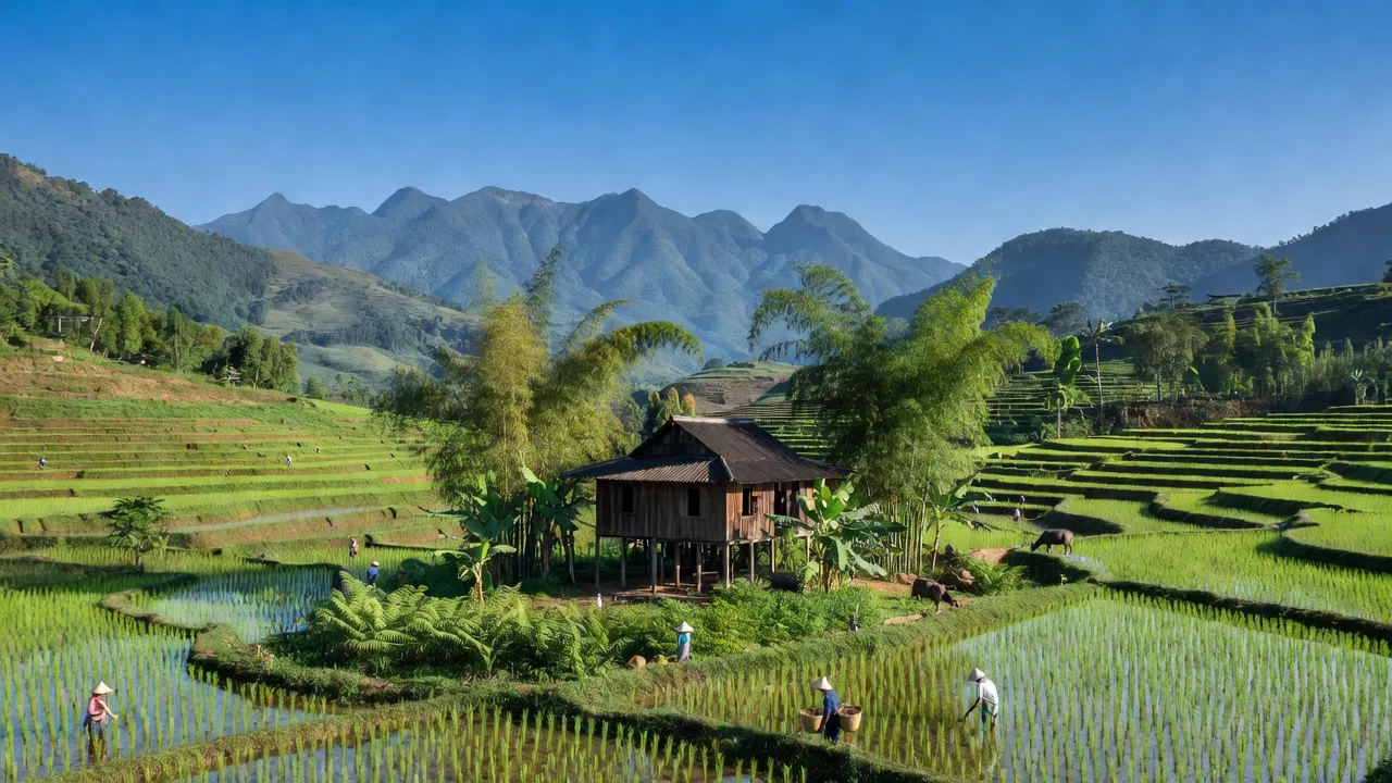 Khung cảnh thiên nhiên xã Đức Vân, huyện Ngân Sơn, tỉnh Bắc Kạn với ruộng bậc thang và đồi núi.