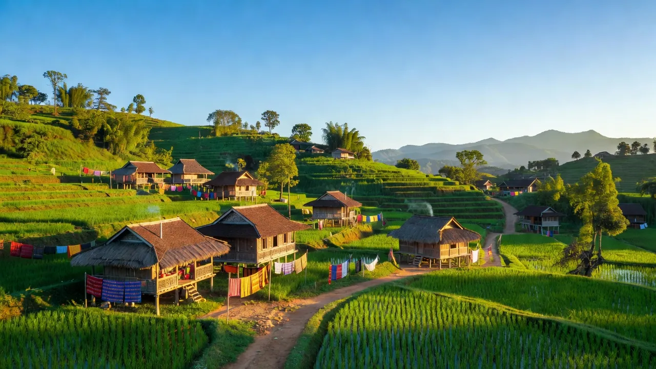 Khung cảnh Xã Hiệp Lực ở Ngân Sơn, Bắc Kạn với những ngọn đồi xanh tươi và nhà truyền thống.