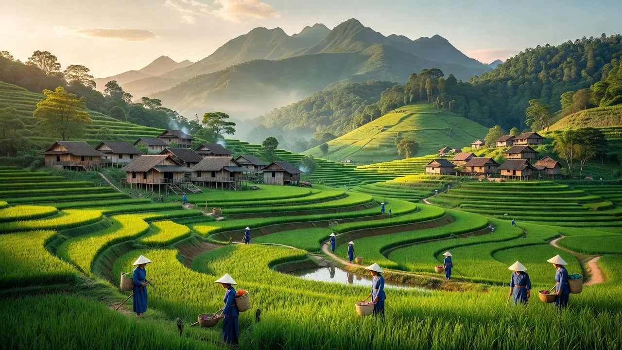 Cảnh đẹp đồi núi xã Thuần Mang, Ngân Sơn, Bắc Kạn với bản làng và cánh đồng lúa.