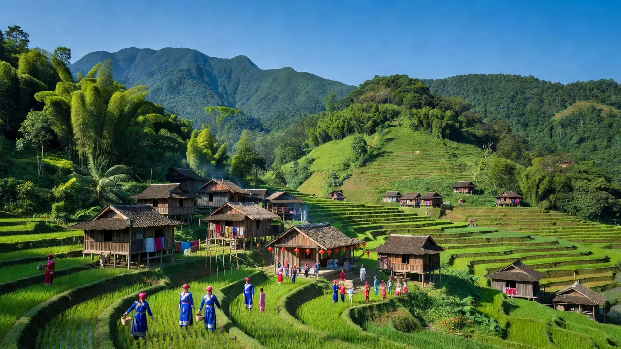 Xã Thuần Mang, Huyện Ngân Sơn, Tỉnh Bắc Kạn with lush mountains and traditional wooden houses.