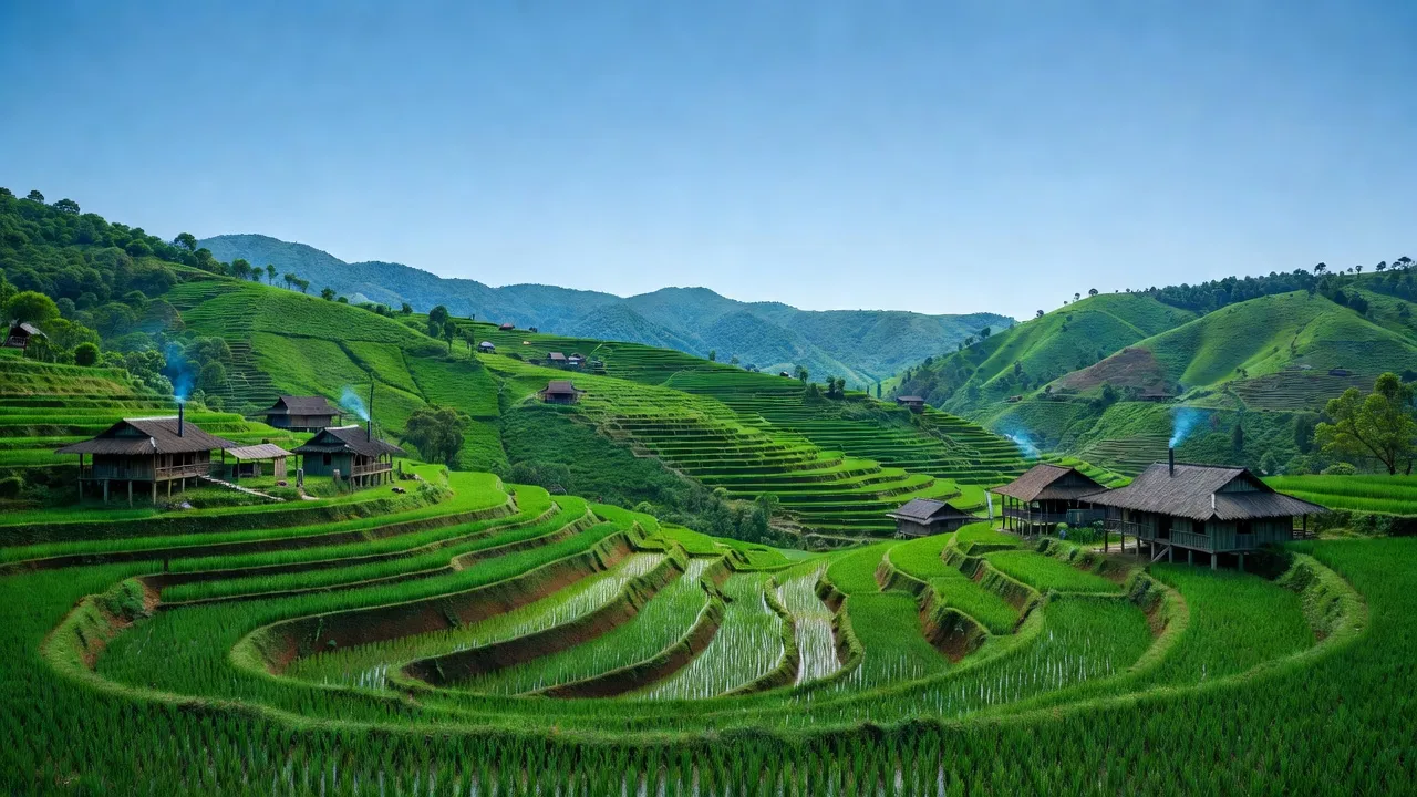 Cảnh đẹp xã Thượng Ân, huyện Ngân Sơn, tỉnh Bắc Kạn với đồi núi và nhà sàn truyền thống.