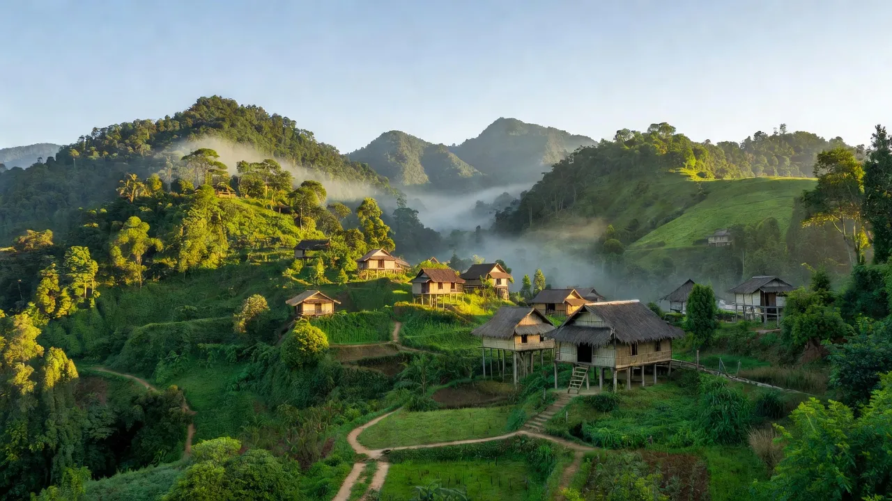 Cảnh quan làng Thượng Ân, huyện Ngân Sơn, tỉnh Bắc Kạn với núi xanh và nhà sàn truyền thống.