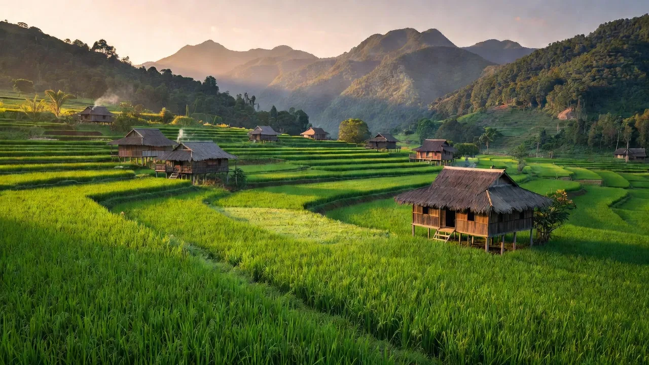 Cảnh sắc nông thôn xã Trung Hoà, huyện Ngân Sơn, Bắc Kạn với cánh đồng và nhà sàn.