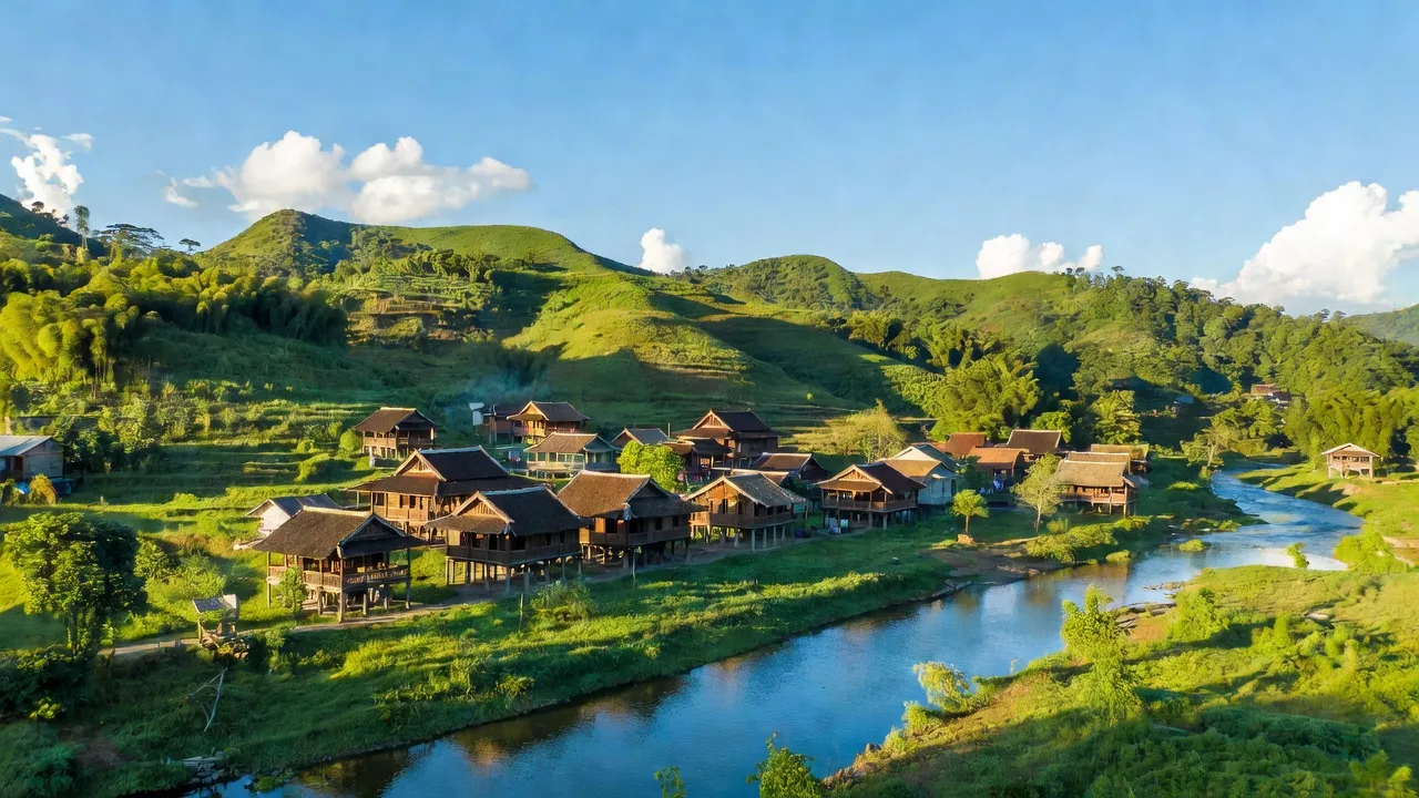 Thị trấn Vân Tùng, huyện Ngân Sơn, tỉnh Bắc Kạn với phong cảnh thiên nhiên hữu tình, nhà truyền thống.