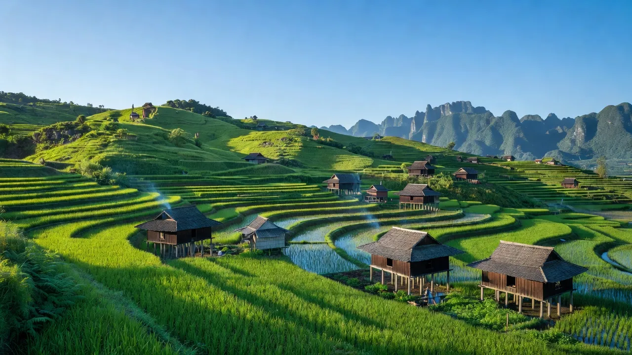Phong cảnh huyện Pác Nặm, tỉnh Bắc Kạn với đồi núi, ruộng đồng xanh tươi và nhà sàn.