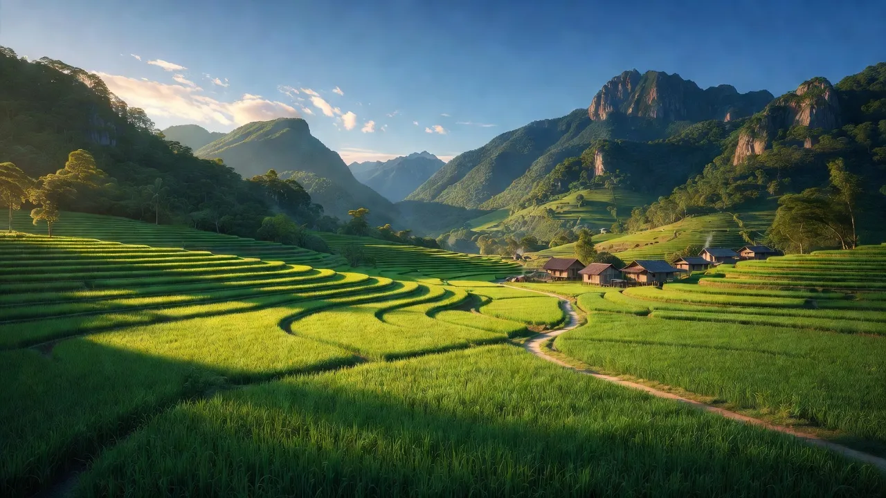 Bức tranh An Thắng, Pác Nặm, Bắc Kạn, cánh đồng xanh và núi non tuyệt đẹp.