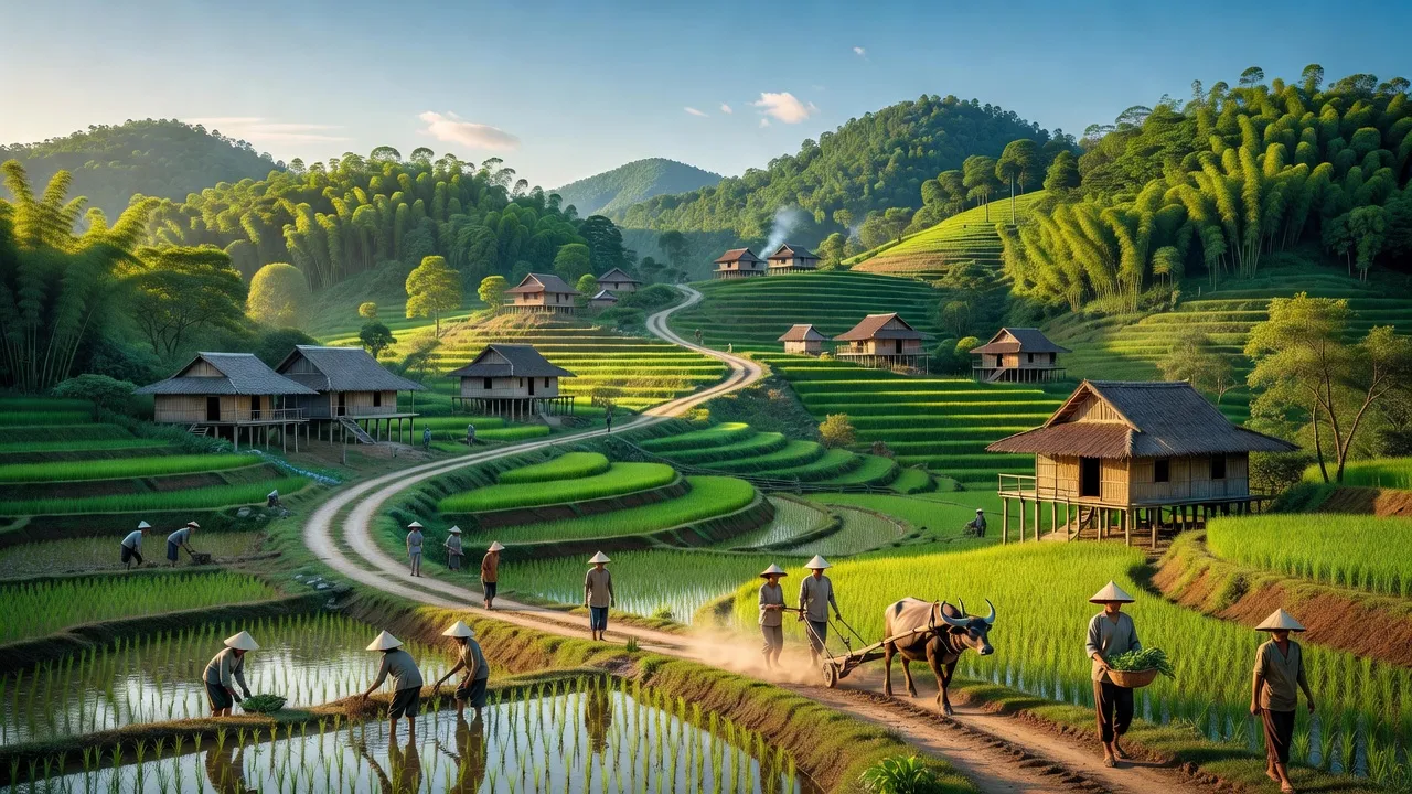 Xã Bộc Bố, huyện Pác Nặm, Bắc Kạn với đồi núi xanh, nhà truyền thống và bầu trời trong xanh.