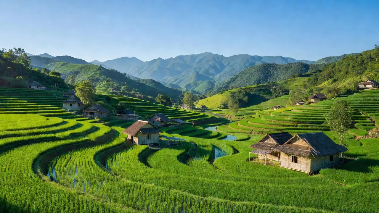 Cảnh quan Xã Công Bằng, huyện Pác Nặm, tỉnh Bắc Kạn với ruộng xanh và núi non hùng vĩ.
