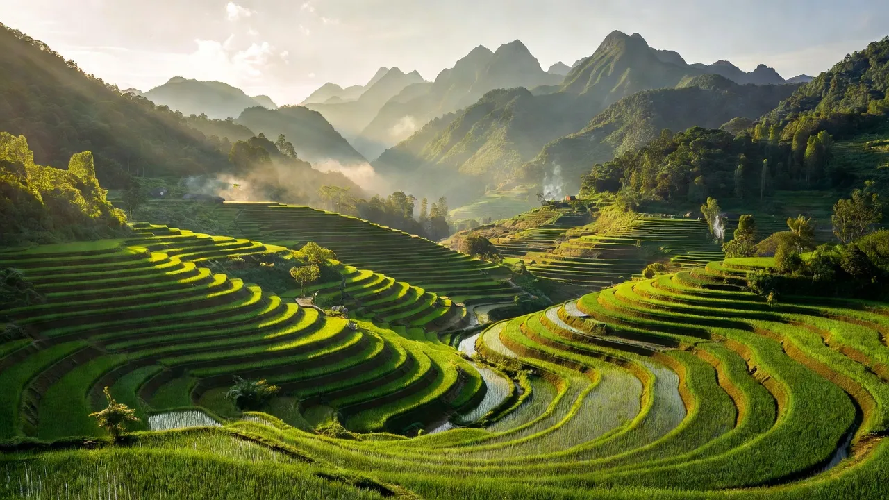 Quang cảnh xã Giáo Hiệu, huyện Pác Nặm, Bắc Kạn với núi non, ruộng bậc thang xanh tươi.