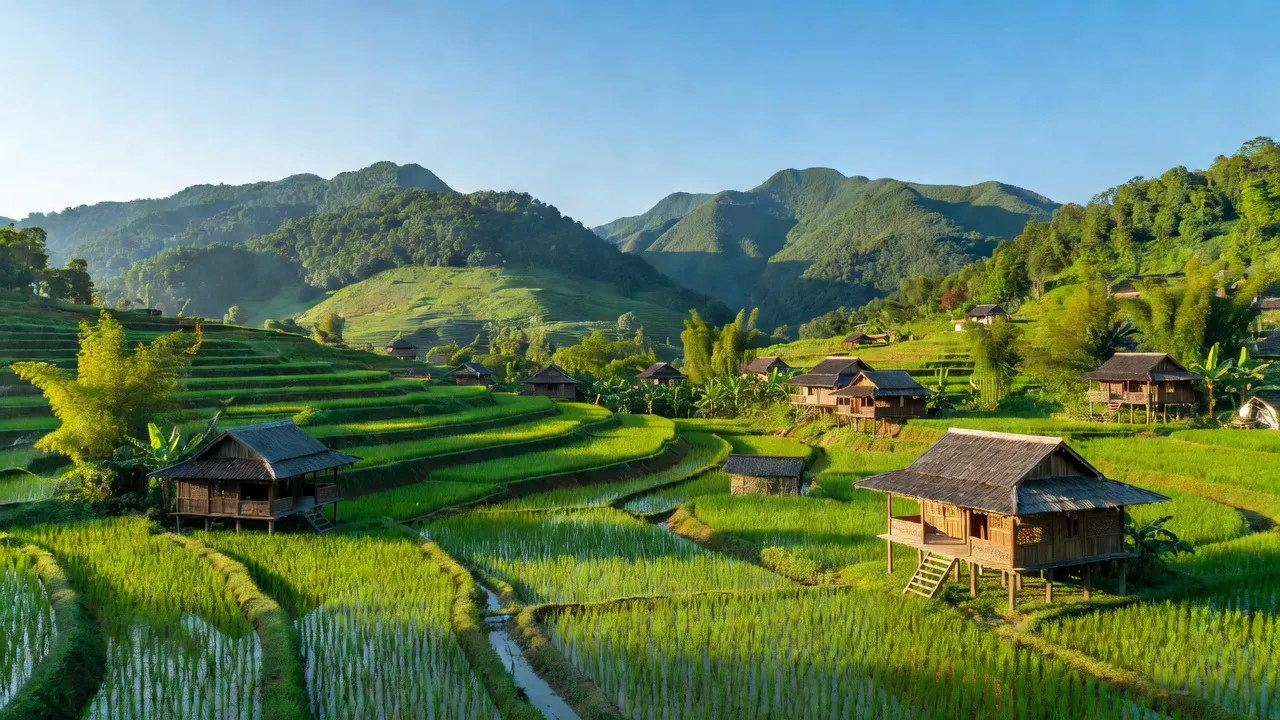 Cảnh đẹp xã Nghiên Loan, huyện Pác Nặm, tỉnh Bắc Kạn với núi xanh và ruộng bậc thang.