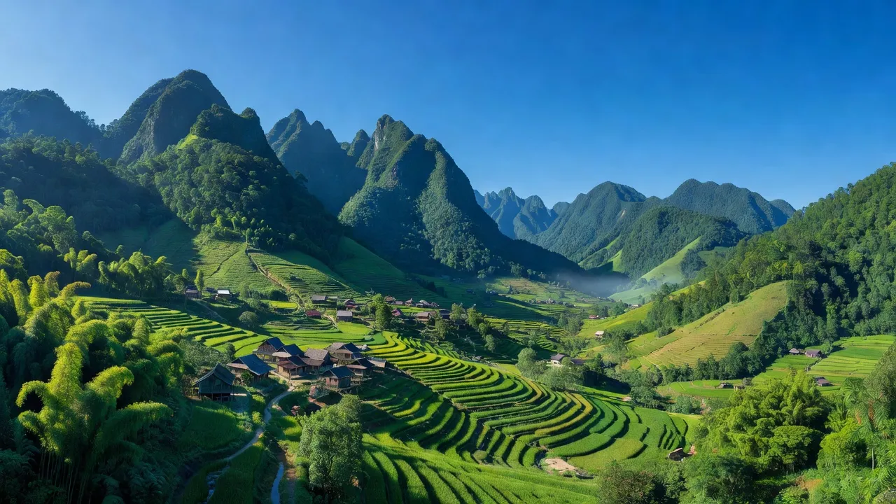 Khung cảnh núi non xanh tươi tại xã Xuân La, huyện Pác Nặm, tỉnh Bắc Kạn, mang đậm nét văn hóa miền núi.