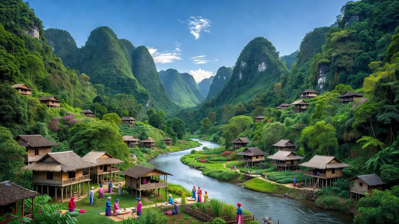 Cảnh quan tỉnh Bắc Kạn với núi rừng xanh, sông uốn khúc và nhà sàn truyền thống.