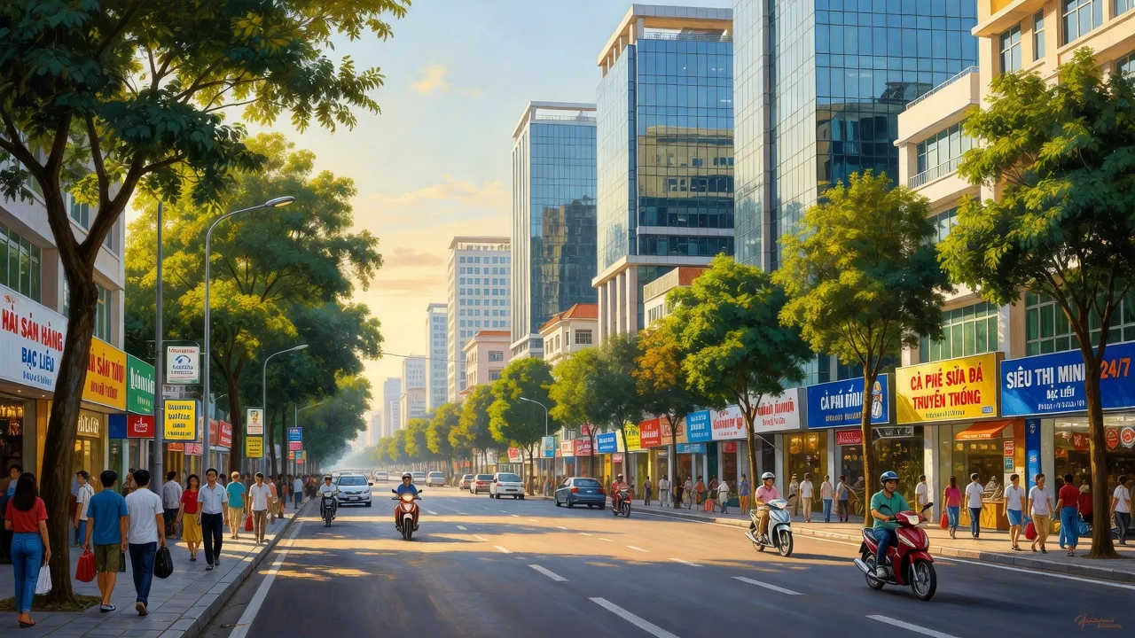 Bạc Liêu cityscape showcasing modern buildings, vibrant streets, and greenery in Bac Lieu province.