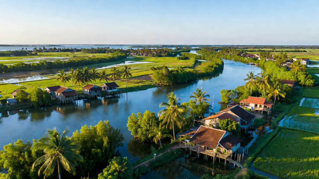 Cảnh quan huyện Đông Hải, tỉnh Bạc Liêu với sông ngòi, cây xanh và nhà truyền thống ven biển.