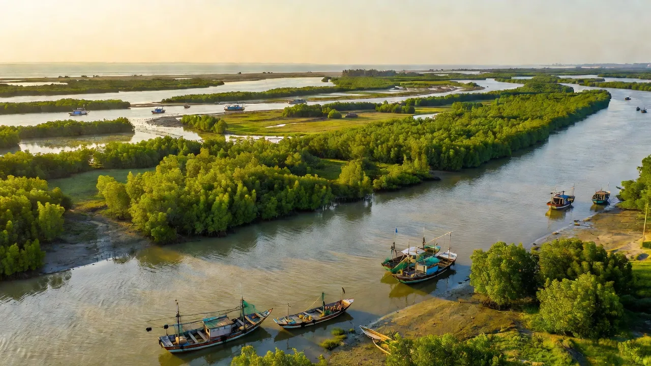 Khung cảnh huyện Đông Hải, Bạc Liêu với cảnh biển và hệ thống sông ngòi phong phú.