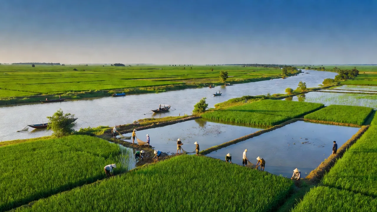 Khung cảnh An Trạch A, huyện Đông Hải, Bạc Liêu với đồng ruộng và những hoạt động nông nghiệp.