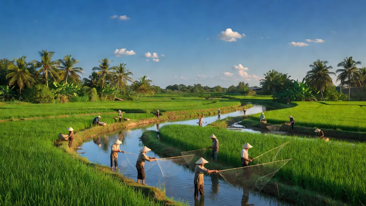 Khung cảnh riềng nguội của Xã An Trạch A, Huyện Đông Hải, Bạc Liêu với ruộng lúa và dòng sông.