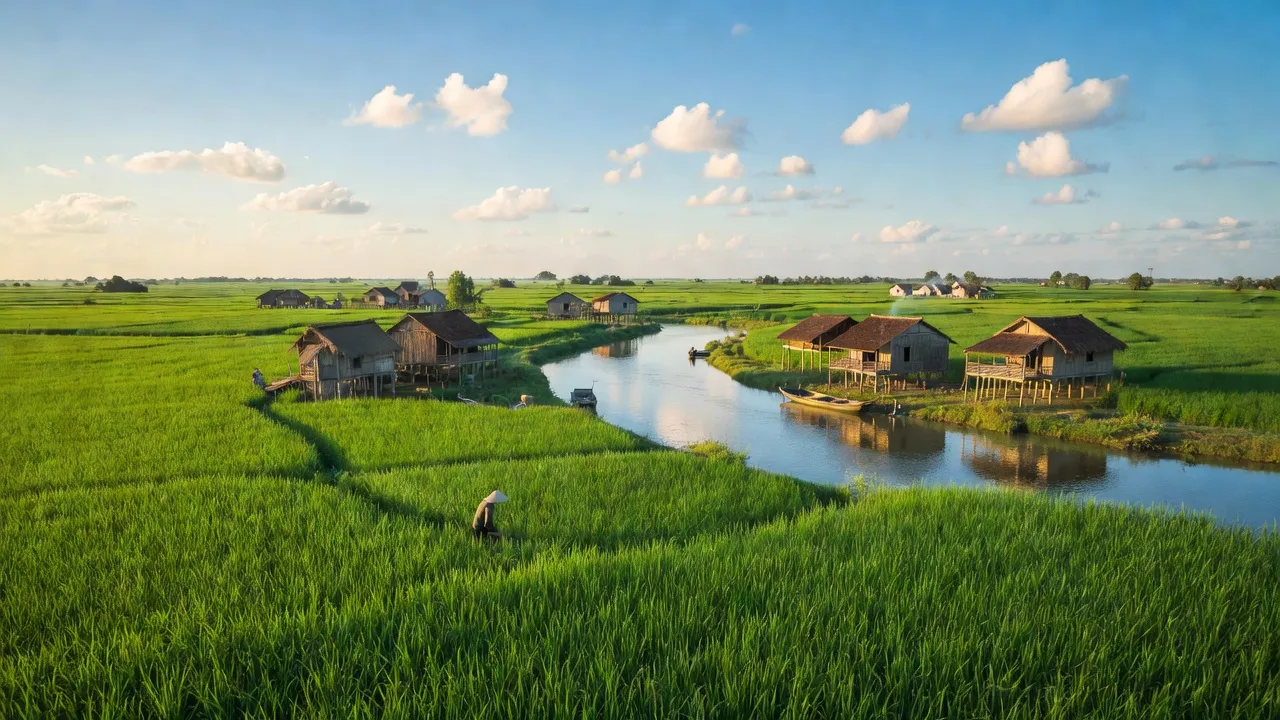 Cảnh đẹp xã An Trạch, huyện Đông Hải, tỉnh Bạc Liêu với đồng ruộng xanh và sông nước.