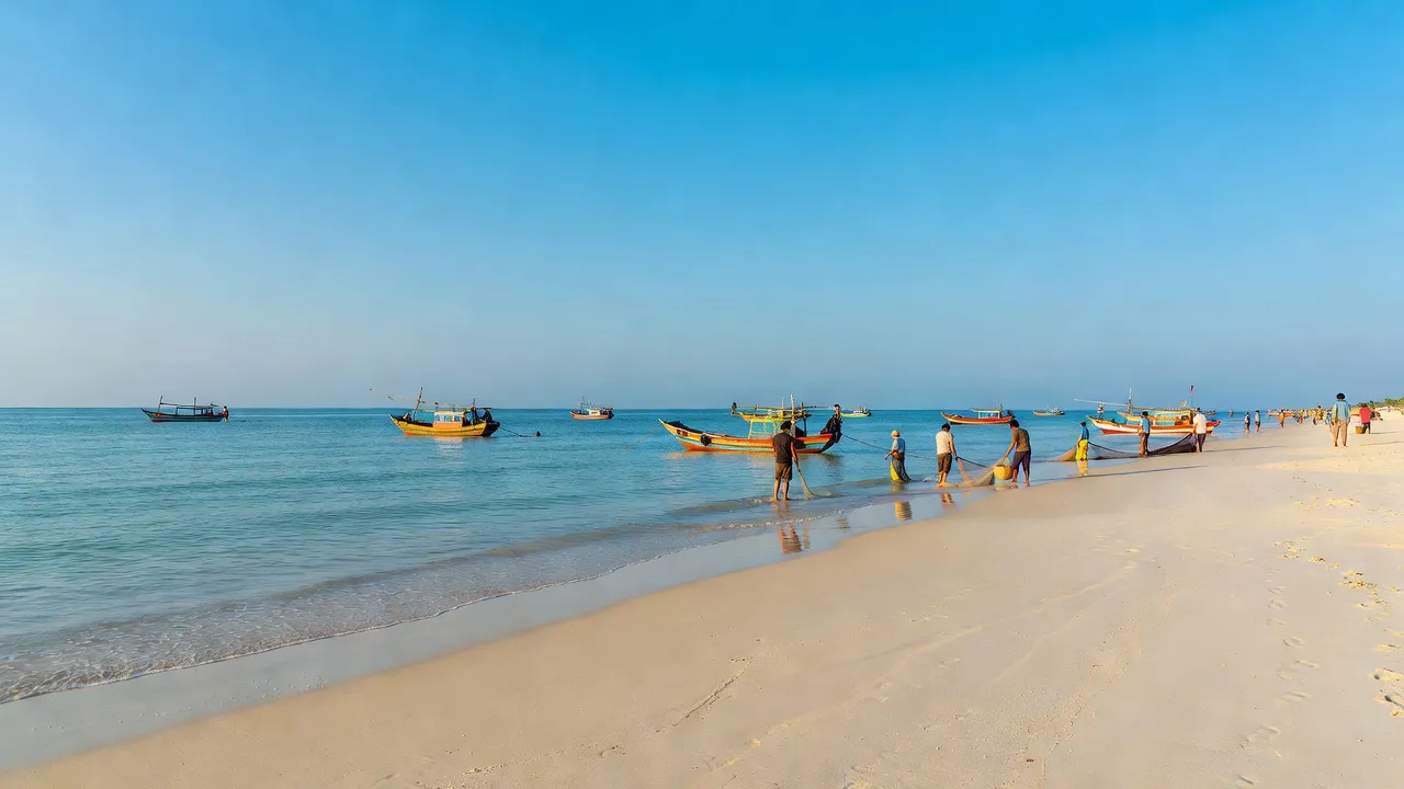 Khung cảnh bình yên Xã Điền Hải, huyện Đông Hải, tỉnh Bạc Liêu với bãi biển và thuyền đánh cá.