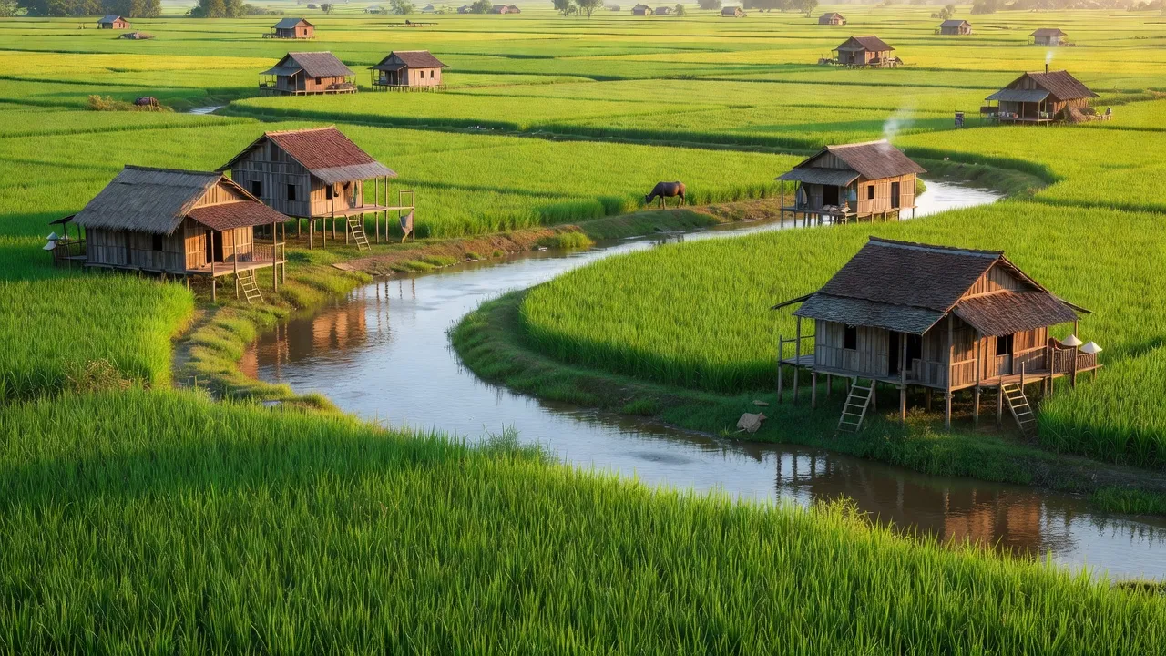 Cảnh đẹp nông thôn xã Định Thành, huyện Đông Hải, tỉnh Bạc Liêu với cánh đồng xanh và dòng sông.
