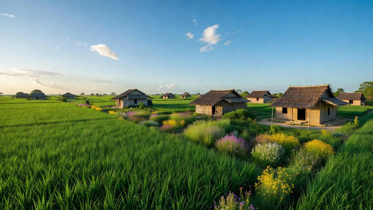 Cảnh nông thôn xã Định Thành, huyện Đông Hải, tỉnh Bạc Liêu với ruộng lúa xanh và nhà truyền thống.
