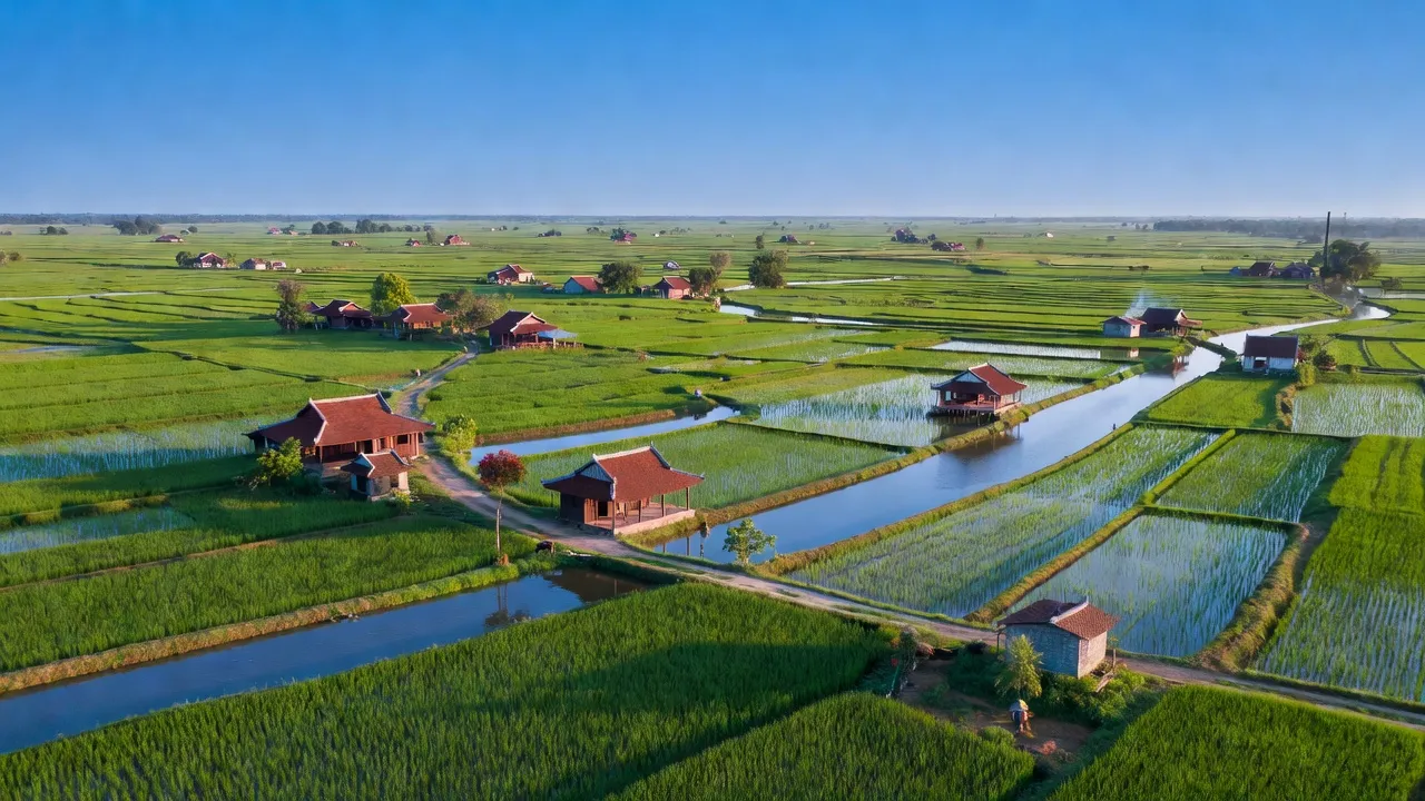 Cảnh đẹp xã Long Điền Đông A, huyện Đông Hải, tỉnh Bạc Liêu, với cánh đồng và nhà truyền thống.