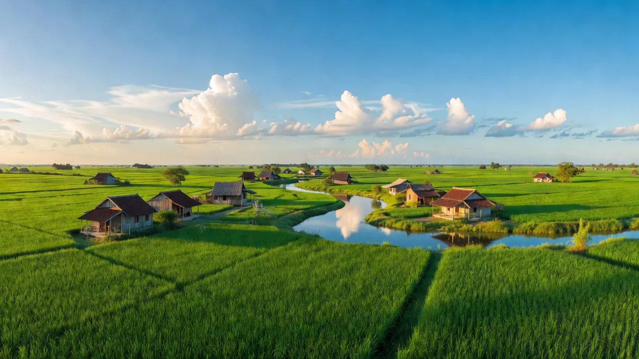 Khung cảnh yên bình xã Long Điền Đông A, huyện Đông Hải, tỉnh Bạc Liêu với ruộng xanh, nhà truyền thống.