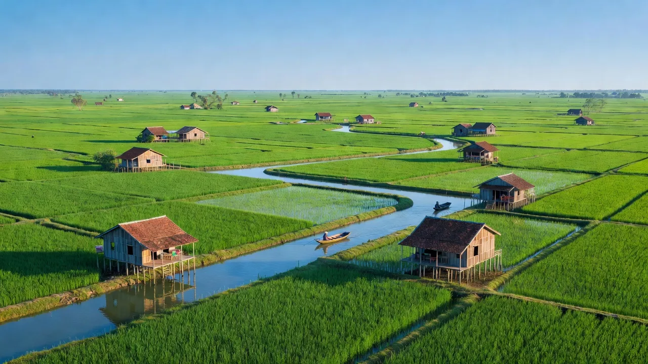 Cảnh quan xã Long Điền Đông huyện Đông Hải, Bạc Liêu với cánh đồng xanh và kênh rạch.