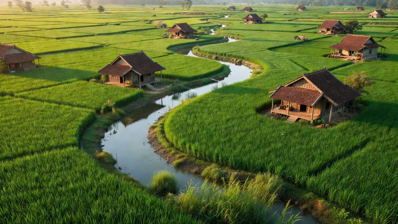 Khung cảnh Xã Long Điền Đông, huyện Đông Hải, Bạc Liêu với ruộng xanh và kênh rạch.