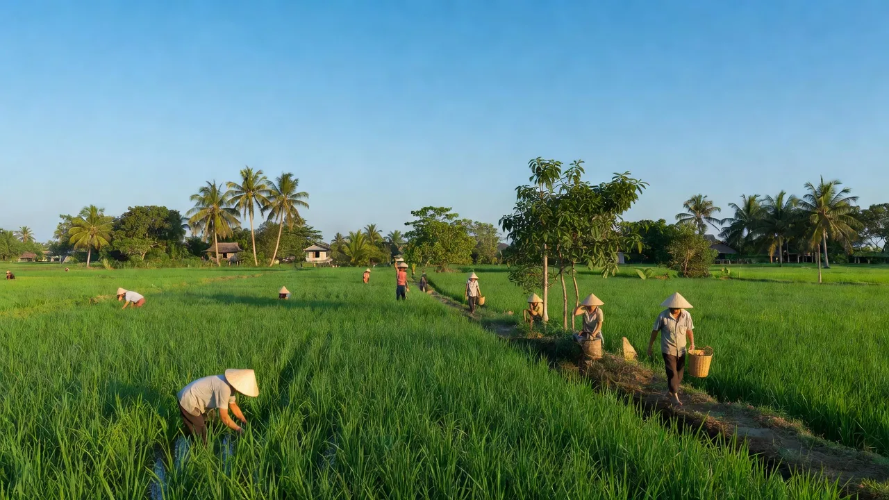 Cánh đồng xanh và bầu trời trong xanh ở xã Long Điền Tây, huyện Đông Hải, Bạc Liêu.