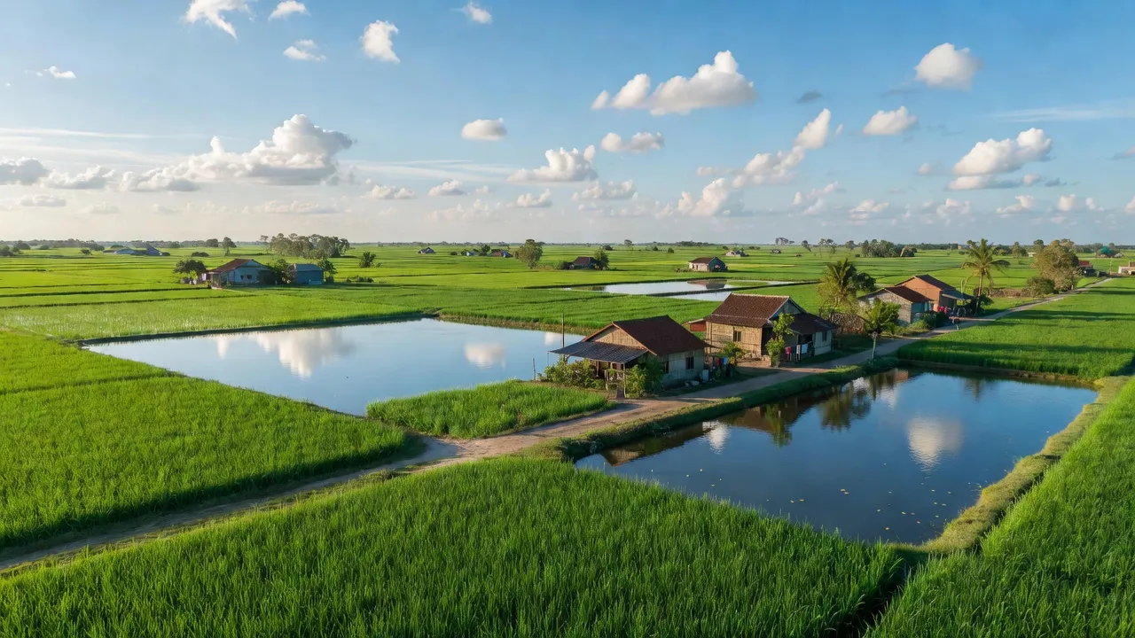 Cảnh quan xã Long Điền, huyện Đông Hải, Bạc Liêu với cánh đồng lúa và ao nuôi thủy sản.