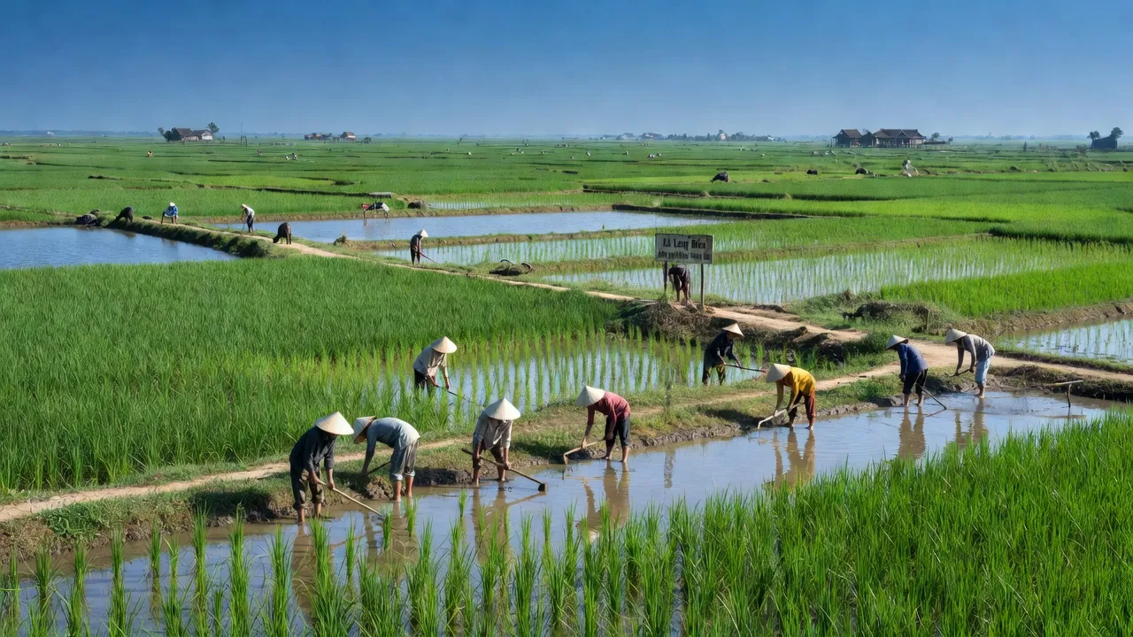 Khung cảnh xanh mát của Xã Long Điền, Đông Hải, Bạc Liêu với đồng lúa màu mỡ và ao nuôi thủy sản.