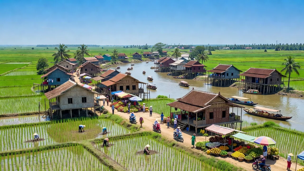 Khung cảnh thị xã Giá Rai, tỉnh Bạc Liêu với cánh đồng, chợ địa phương và sông nước.