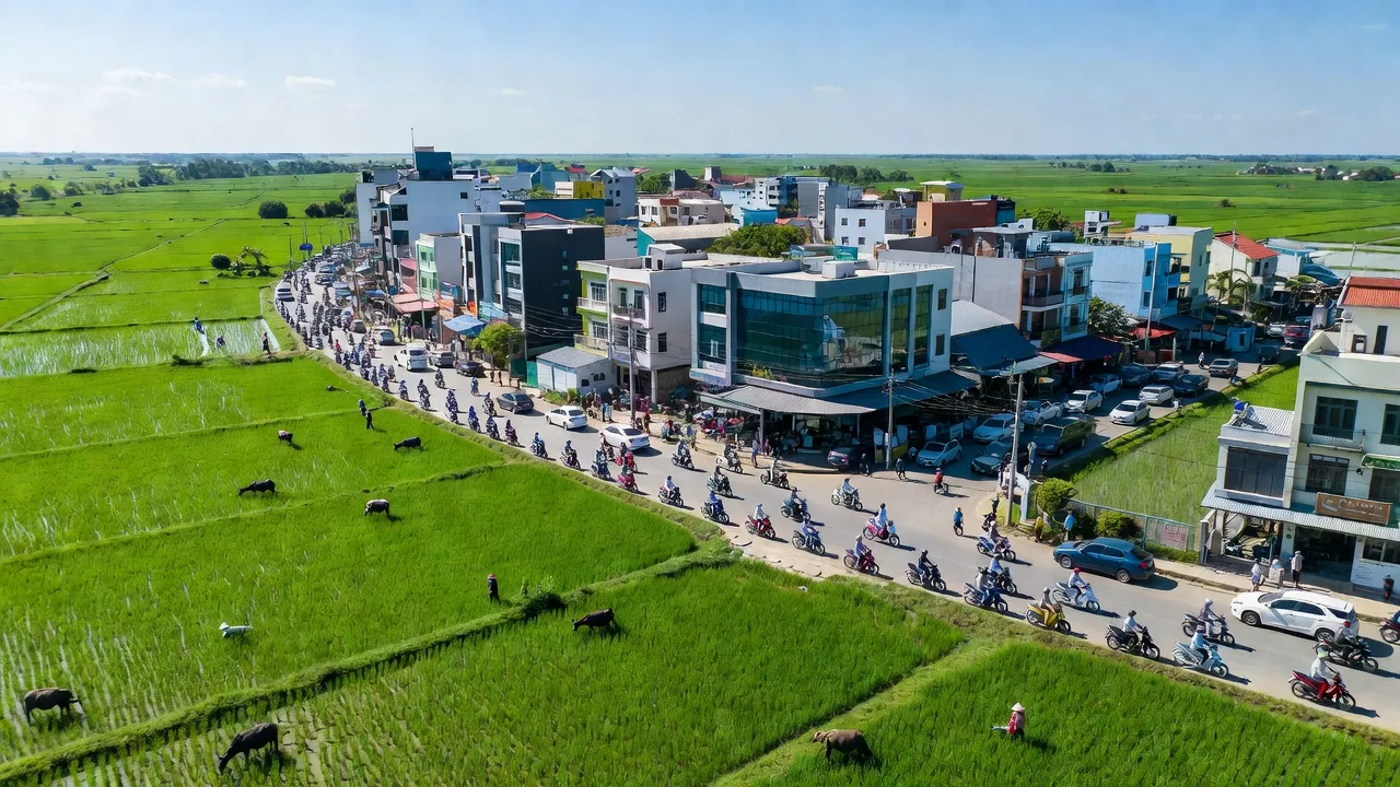 Thị xã Giá Rai, Bạc Liêu với cánh đồng xanh, nhà cửa hiện đại và cuộc sống sôi động.