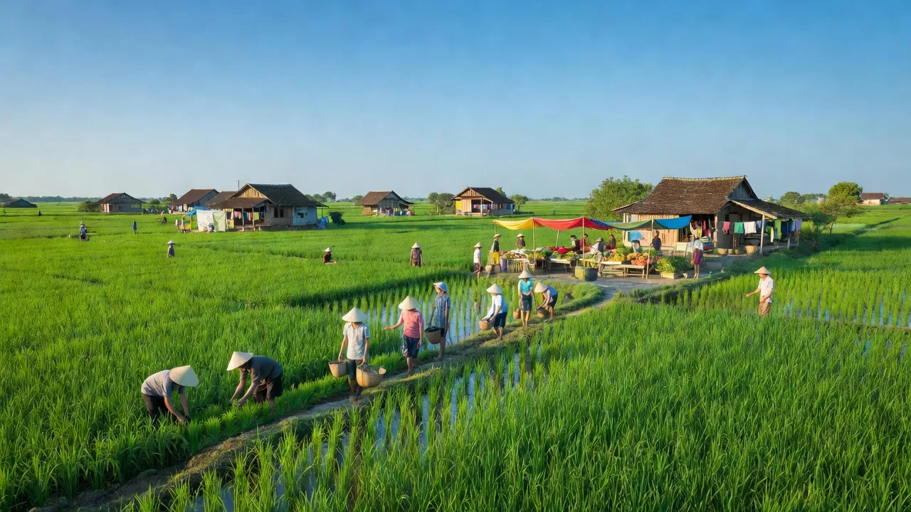 Phường Láng Tròn, Thị xã Giá Rai, Bạc Liêu với cánh đồng xanh và nhà cửa truyền thống.