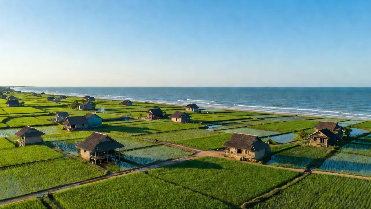 Phong Tân commune in Giá Rai, Bạc Liêu, featuring a coastal landscape with rice fields and traditional houses.
