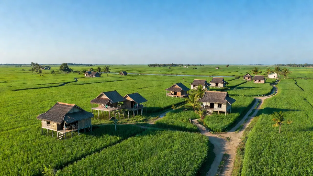 Cánh đồng xanh tươi và nhà truyền thống ở Xã Phong Thạnh A, Thị xã Giá Rai, Bạc Liêu.