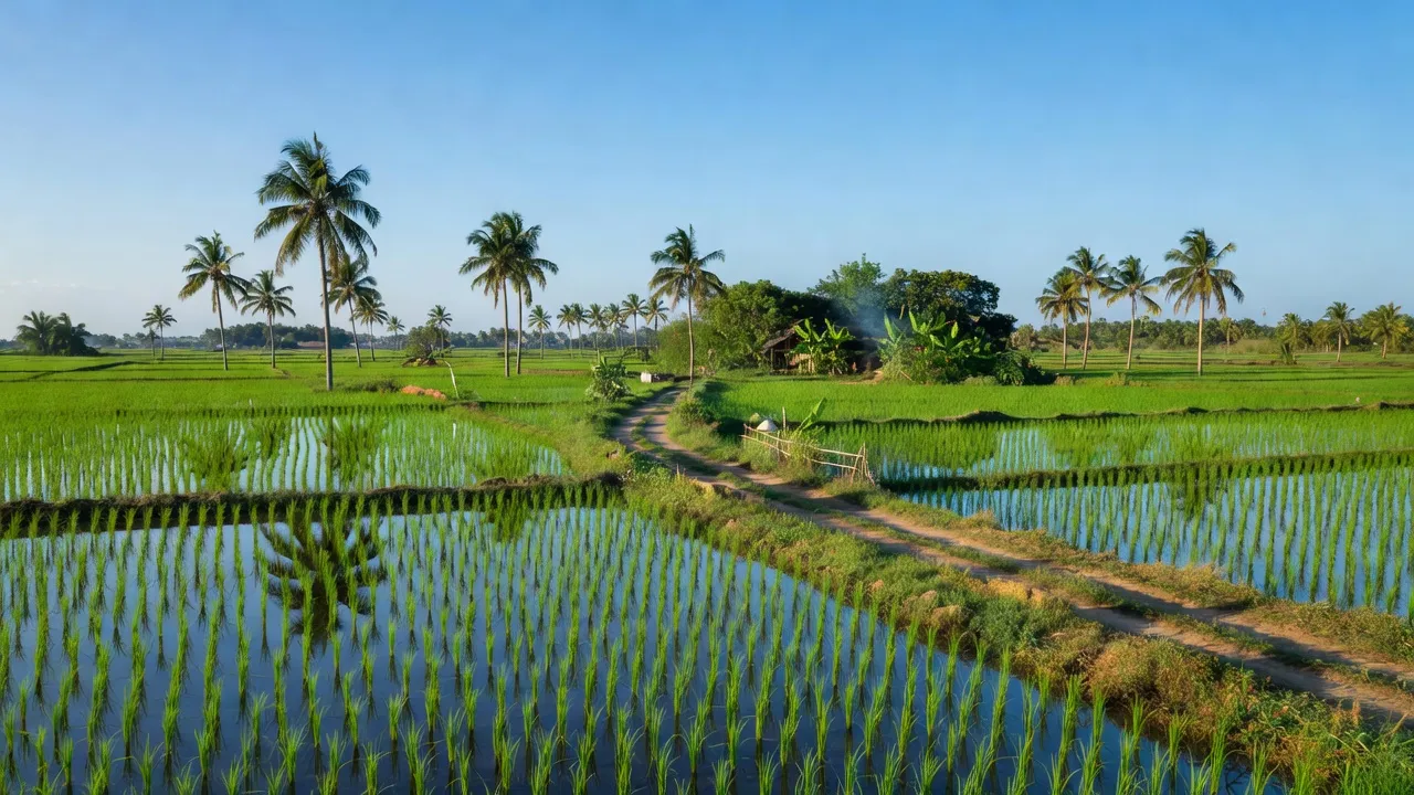 Phong Thạnh A, Giá Rai, Bạc Liêu: lush green landscape with rice fields and palm trees.