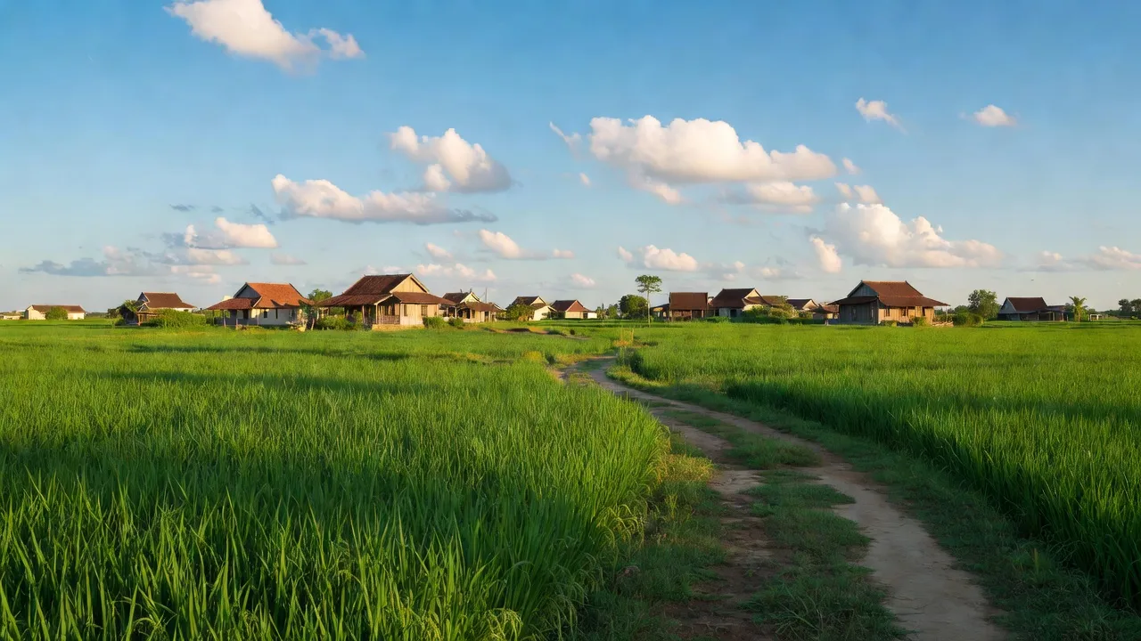 Phong Thạnh Đông, Giá Rai, Bạc Liêu with rice fields and traditional houses under a blue sky.
