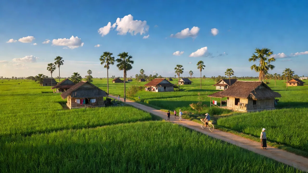 Phong Thạnh Tây commune in Giá Rai, Bạc Liêu with green rice fields and traditional houses.